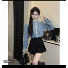 批发韩版高级感洋气甜美长袖花边领蕾丝拼接<b class='q'>牛仔</b><b class='q'>衬衫</b>半身裙两件套装<b class='q'>女</b>