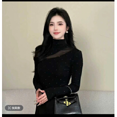 批发设计感带钻网纱拼接长袖t恤女秋冬新款修身显瘦黑色内搭打底上衣