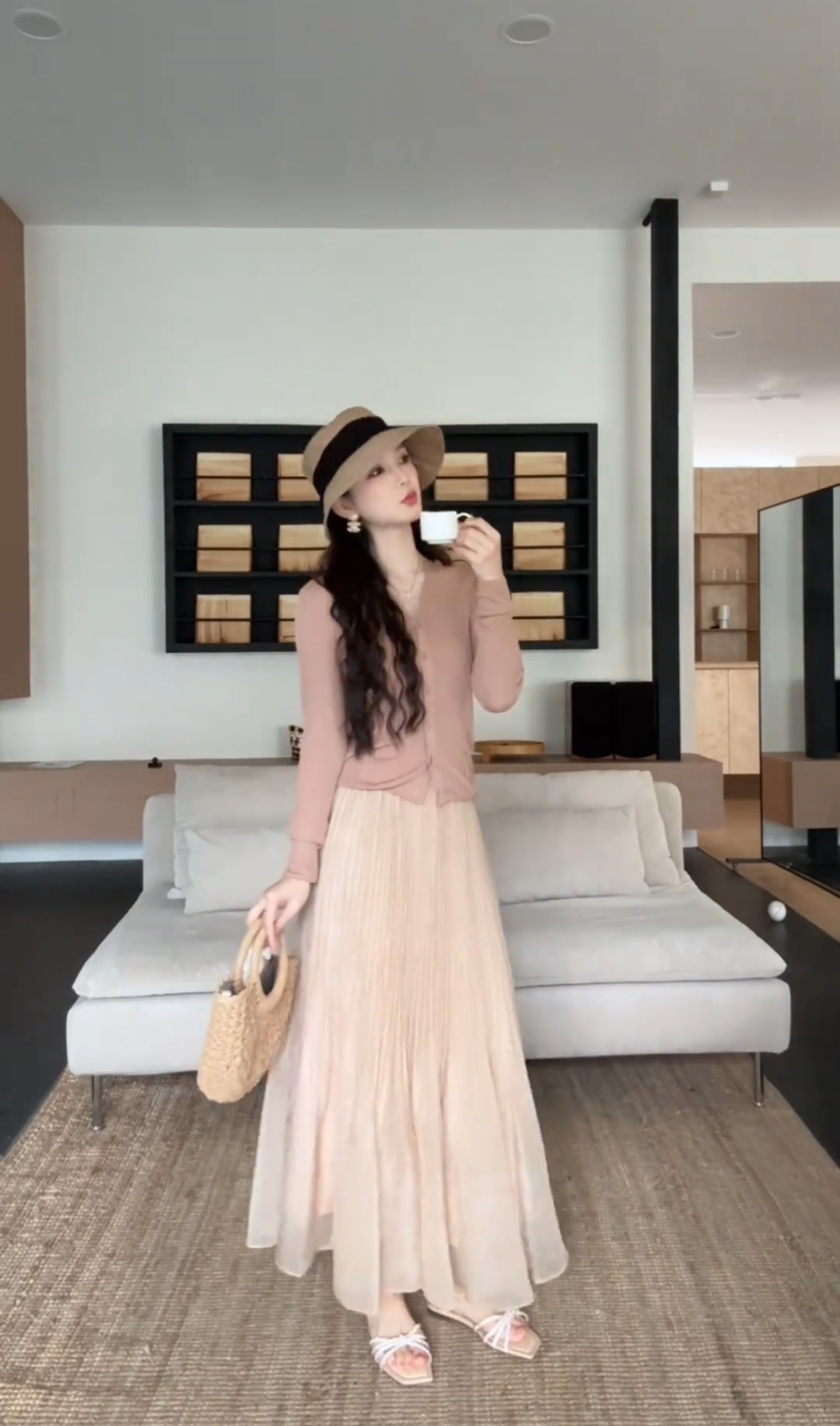 yanyan 슬림해 보이는 디스플레이 높음 허리밴드 머리 플리츠 반신 치마 세트