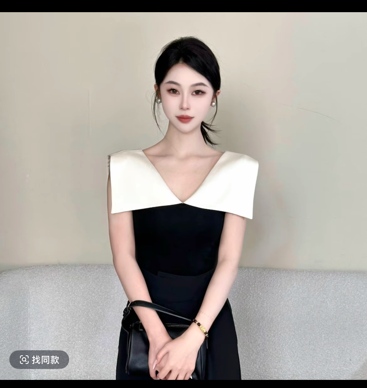 디자인 센스 배색 패치워크 맨위 여성 슬림해 보이는 V넥 티셔츠