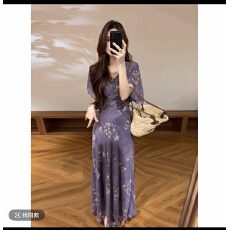 批发夏季新款紫色韵味<b class='q'>蝙蝠</b>袖V领修身显瘦<b class='q'>连衣裙</b>长裙