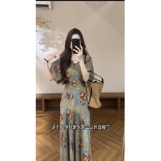 批发夏季新款女装印花时尚<b class='q'>蝙蝠</b>袖修身收腰长裙