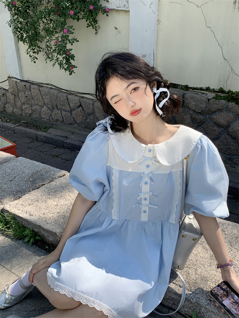 실사 빅 사이즈 부서 달콤함 연령 감소 자수 나비 매듭 베이비 칼라 패치워크 레이스 거품 소매 드레스