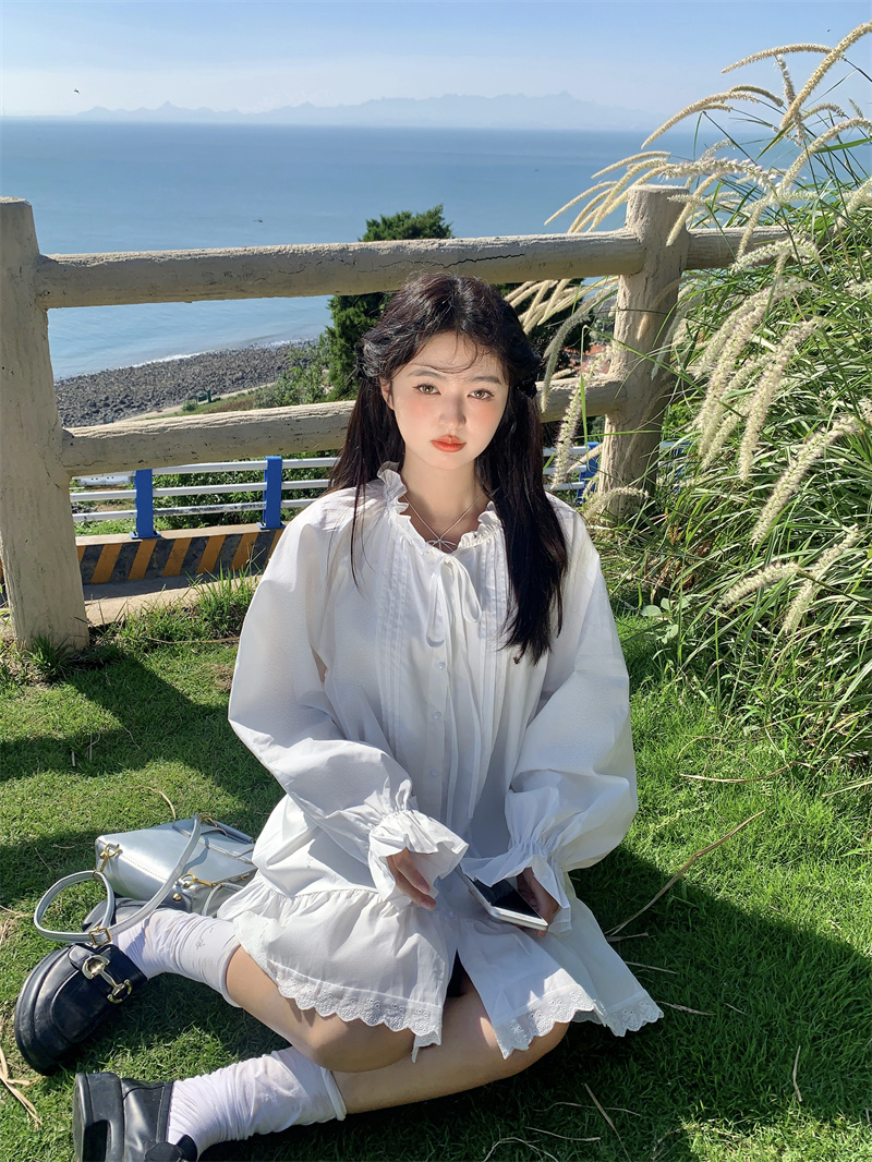 실사 빅 사이즈 한 부서 달콤함 마이너스 무거운 작업 플리츠 레이스 레이스업 루즈핏 긴팔 셔츠 드레스