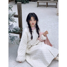 批发实拍~大码~韩系甜美减龄小众收腰夹棉加厚菱格长款<b class='q'>连衣裙</b>棉衣外套