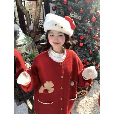 批发实拍~大码~韩系圣诞新年款提花撞色立体<b class='q'>手工</b>球球针织加厚宽松开衫