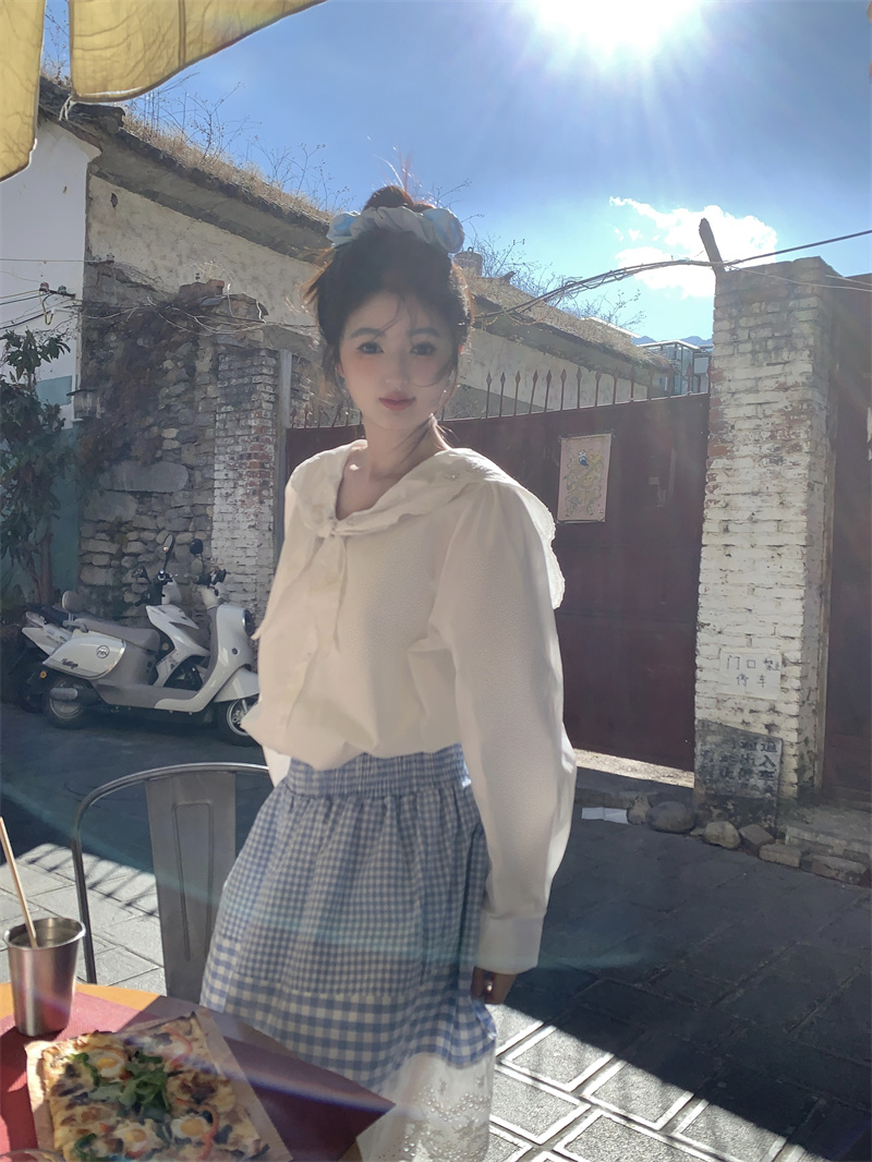 실사 봄 새로운 한 부서 달콤함 무거운 작업 자수 레이스업 나비 매듭 셔츠 체크무늬 반신 스커트