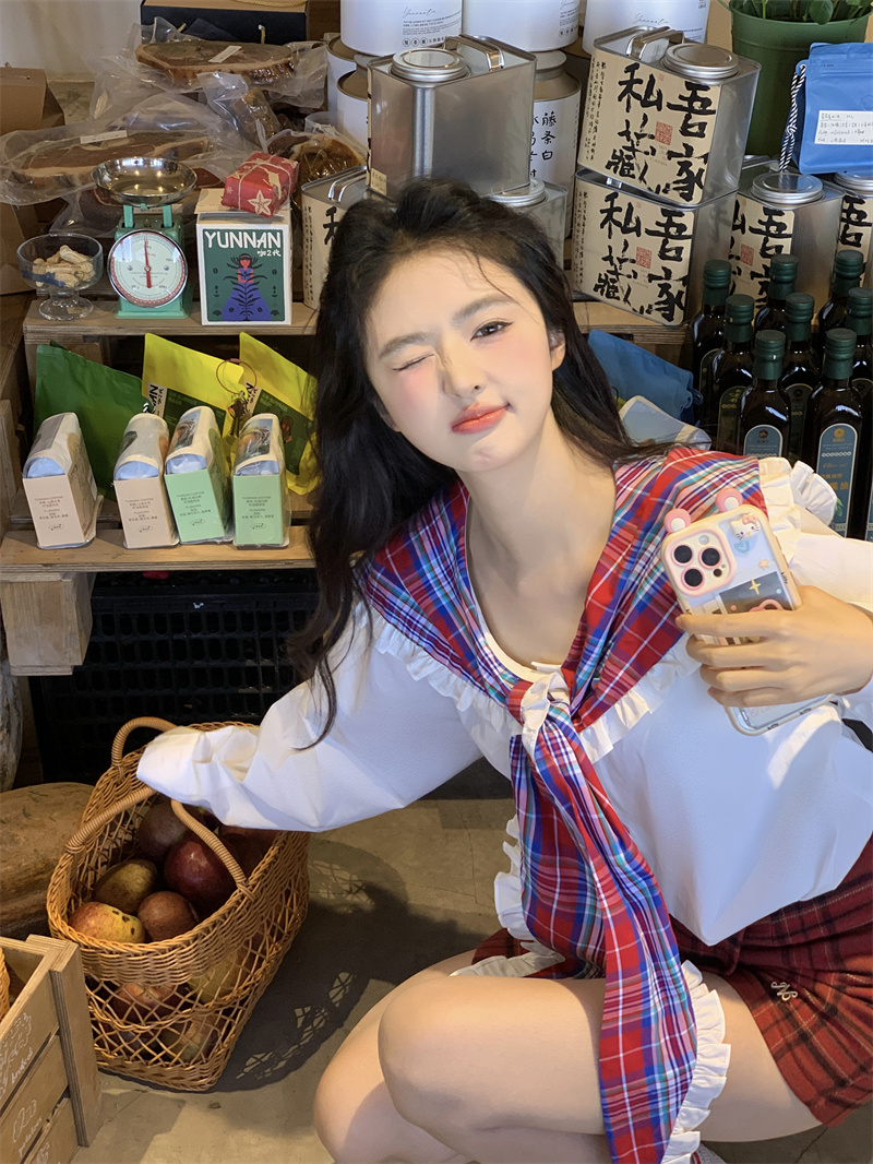 실사 빅 사이즈 새로운 한 부서 달콤함 연령 감소 패치워크 체크무늬 나비 매듭 빅 칼라 루즈핏 긴팔 셔츠