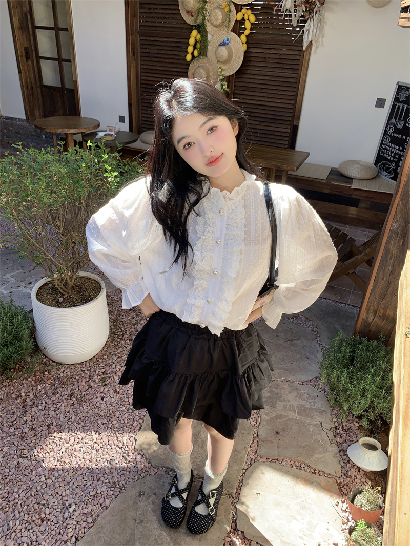 실사 빅 사이즈 봄 새로운 한 부서 달콤함 디자인 센스 프릴 진주 버클 루즈핏 긴팔 셔츠