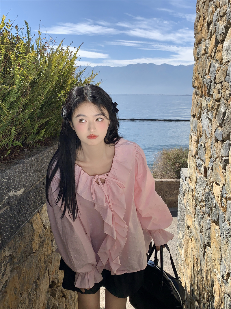 실사 빅 사이즈 봄 새로운 한 부서 달콤함 연령 감소 프릴 레이스업 루즈핏 긴팔 셔츠