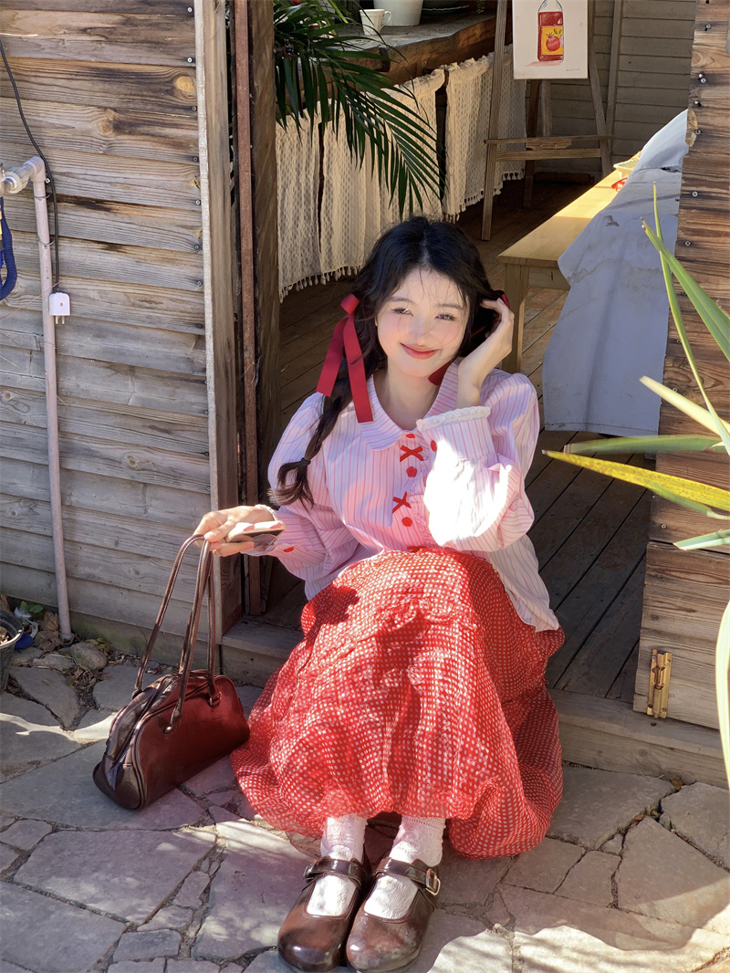 실사 빅 사이즈 한 부서 달콤함 연령 감소 디자인 센스 레이스 프릴 핑크색 기사 루즈핏 긴팔 셔츠