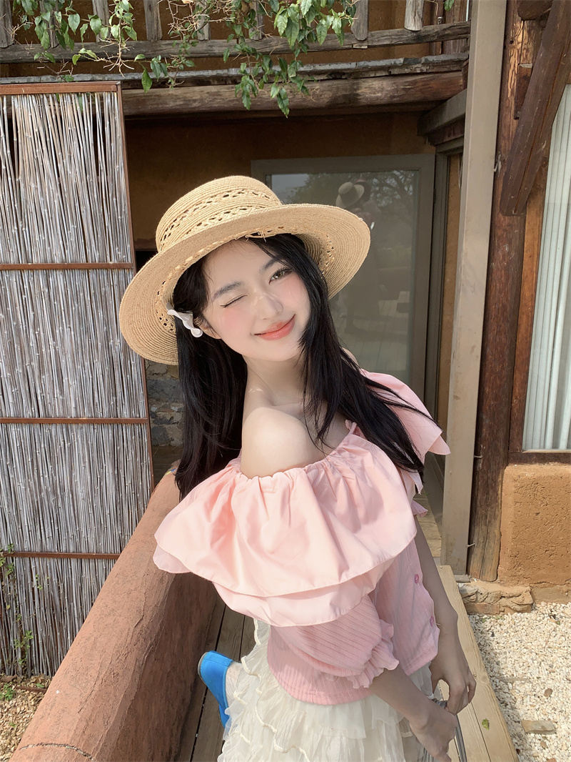 실사 빅 사이즈 한 부서 달콤함 연령 감소 패치워크 베이비 칼라 오프숄더 슬림해 보이는 티셔츠 맨위
