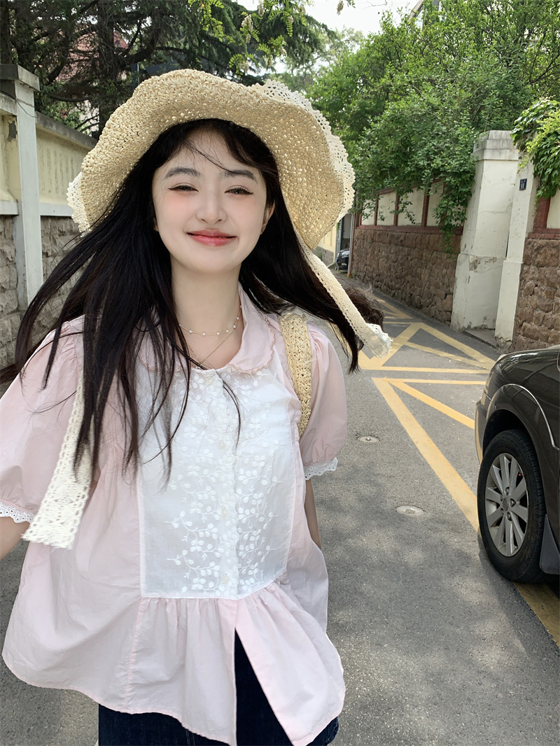 실사 빅 사이즈 한 부서 달콤함 연령 감소 베이비 칼라 패치워크 자수 루즈핏 반팔 셔츠