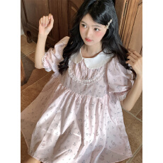 批发实拍~<b class='q'>大码</b>~新款韩系甜美减龄蕾丝拼接压褶娃娃领宽松连衣裙