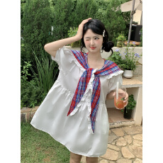 批发实拍~大码~新款韩系甜美减龄重工格子<b class='q'>拼接</b>蝴蝶结大翻领宽松<b class='q'>连衣裙</b>