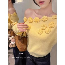 批发露肩法式立体<b class='q'>花朵</b>秋冬季修身黄色斜肩长袖毛衣设计显瘦<b class='q'>上衣</b>针织衫