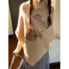 批发大口吃芝士 <b class='q'>胖</b>mm<b class='q'>米黄</b>印花蝙蝠袖毛衣女秋冬高领宽松温柔大码套装