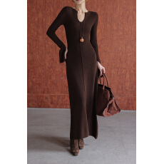 批发咖色V领长袖针织<b class='q'>连衣裙</b>女2025秋冬A字打底裙长裙子