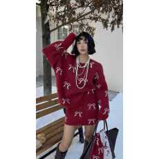 批发复古围巾蝴蝶结提花长袖毛衣套装<b class='q'>秋</b>冬宽松上衣+半身裙+围巾三件套