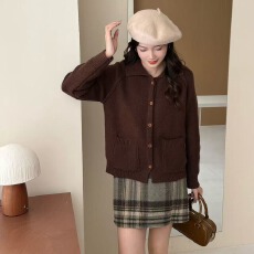 纯色翻领针织毛衣女秋新款日系文艺百搭宽松叠穿显瘦上衣外套