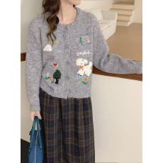 批发十三行2025秋冬新款童趣风卡通刺绣针织开衫女慵懒风宽松毛衣外套