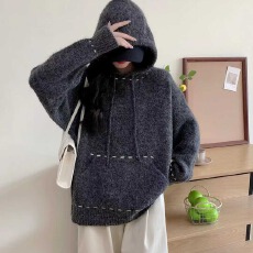 批发秋冬新款手工穿线连帽毛衣女装宽松外穿慵懒风保暖套头针织衫<b class='q'>上衣</b>