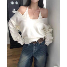 批发秋冬季法式设计感毛衣女气质V领<b class='q'>宽松</b>慵懒风针织衫上衣+吊带两件套