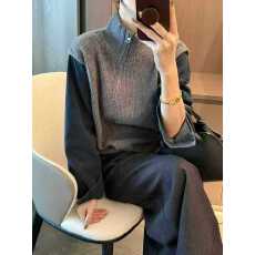 批发美式复古气质冬季斜拉链时髦袖子拼接<b class='q'>牛仔</b>针织毛衣宽松慵懒风上衣