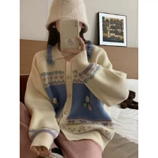 批发法式复古温柔风撞色毛衣<b class='q'>开衫</b>外套<b class='q'>女</b>春秋冬刺绣设计感针织宽松上衣