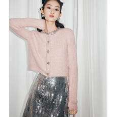 批发十三行2025冬装新款重工镶钻圆领针织开衫女法式小香风毛衣外套