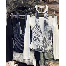 批发辣妹<b class='q'>网纱</b>挂脖一字肩长袖T恤女秋季纯欲风露肩显瘦内搭上衣