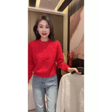 批发欧货<b class='q'>时尚</b>小香风菱格纹圆领套头毛衣女宽松洋气显瘦长袖针织衫上衣