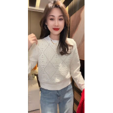 批发镂空菱格长袖圆领针织衫女士2025秋冬新款宽松休闲百搭<b class='q'>妈妈装</b>上衣