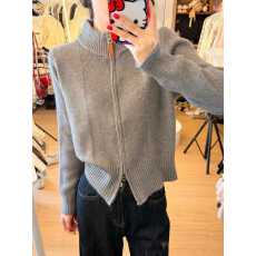 批发韩式双拉链高领<b class='q'>针织</b>开衫女灰色慵懒风毛衣外套老钱风可内搭可外穿