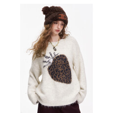 批发韩系复古豹纹草莓圆领毛衣女秋冬季宽松慵懒风软糯<b class='q'>针织</b>衫加厚<b class='q'>上衣</b>