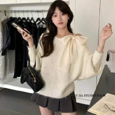 批发韩系紫色蝴蝶结早秋宽松慵懒风显瘦减龄百搭<b class='q'>针织</b>毛衣女温柔风<b class='q'>上衣</b>