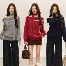 批发十三行2025秋冬新款学院风<b class='q'>一字肩</b>蝴蝶结针织衫女宽松条纹毛衣<b class='q'>上衣</b>