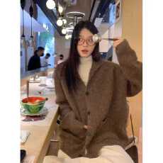 宋正恩奶茶色高领宽松毛衣女开衫冬季慵懒休闲百搭巨好看绝美上衣