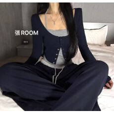 批发秋美式辣妹风<b class='q'>个性</b>拼接挂脖金属扣假两件长袖<b class='q'>T</b><b class='q'>恤</b>修身百搭显瘦上衣