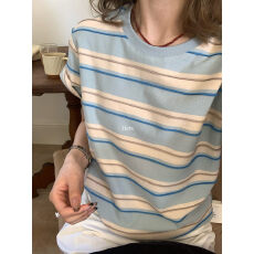 批发韩系ins海盐风蓝色条纹短袖t恤女夏季圆领正肩内搭打底衫<b class='q'>休闲</b>上衣