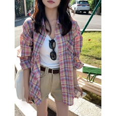 批发THE LEMON十三行女装<b class='q'>韩版</b>复古小众宽松休闲彩色格纹防晒长袖衬衫