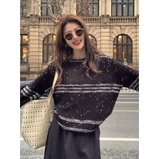批发亮片条纹针织衫春款2026新款女装套头长袖高级感独特漂亮早春上衣
