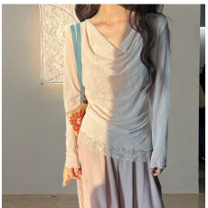 批发2026春夏新款<b class='q'>韩版</b>设计感蕾丝花边不规则长袖上衣气质荡领收腰衬衫