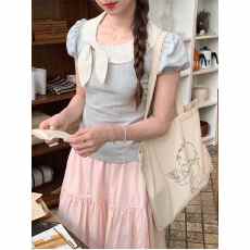 批发十三行2026春夏新款日系<b class='q'>甜美</b>娃娃领泡泡袖T恤女修身显瘦短款上衣