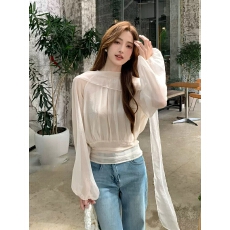 批发韩版飘带雪纺长袖衬衫女春秋宽松设计感小众收腰防晒<b class='q'>罩衫</b>微透上衣