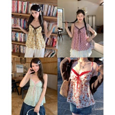 批发77 space撞色碎花吊带女夏季外穿甜辣妹<b class='q'>假两件</b>v领背心蝴蝶结<b class='q'>上衣</b>