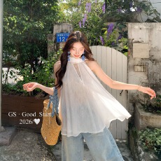 批发挂脖露肩飘带<b class='q'>雪纺衫女</b>夏2026新款<b class='q'>宽松</b>无袖蕾丝上衣温柔风气质小衫