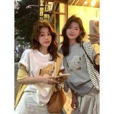 批发THE LEMON十三行女装鬼马俏皮小马印花减龄宽松短袖T恤圆领上衣夏