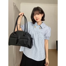 批发韩系学院风娃娃领蓝色格纹泡泡袖<b class='q'>T</b><b class='q'>恤</b>女<b class='q'>夏季</b>新款宽松减龄百搭上衣