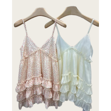 批发十三行减龄度假风碎花荷叶边吊带背心女夏V领修身<b class='q'>中长款</b>外穿上衣